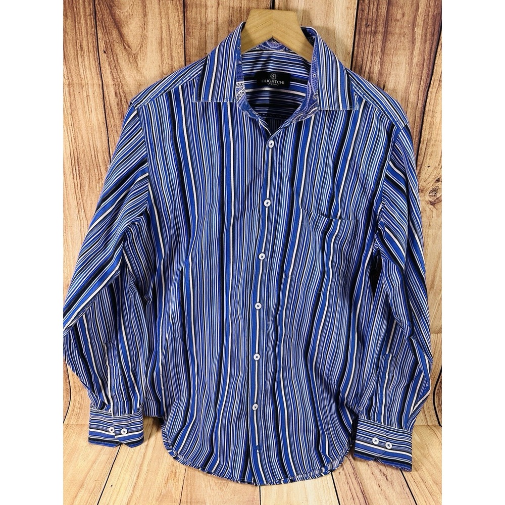 Bugatchi Uomo Shirt Mens MED Blue Striped Button Down Long Sleeve Cotton Medium‎